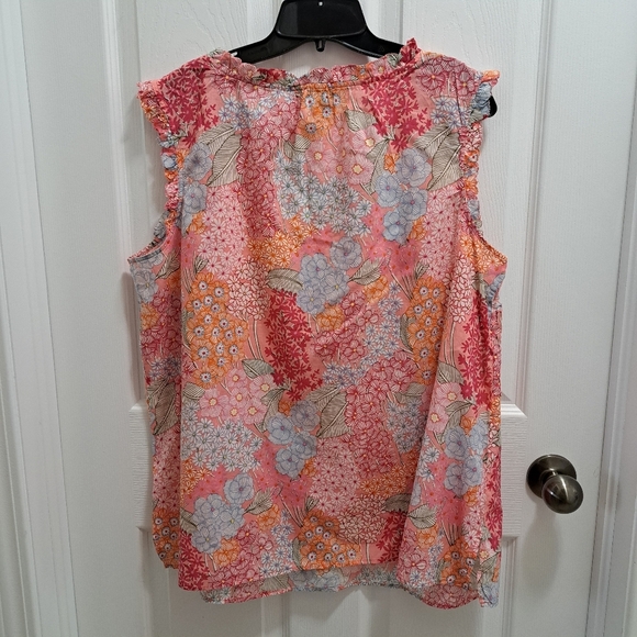 New! Talbots Shirt Womens 1X Vibrant Floral Ruffle Trim Split Neck Cotton Top - Picture 12 of 13